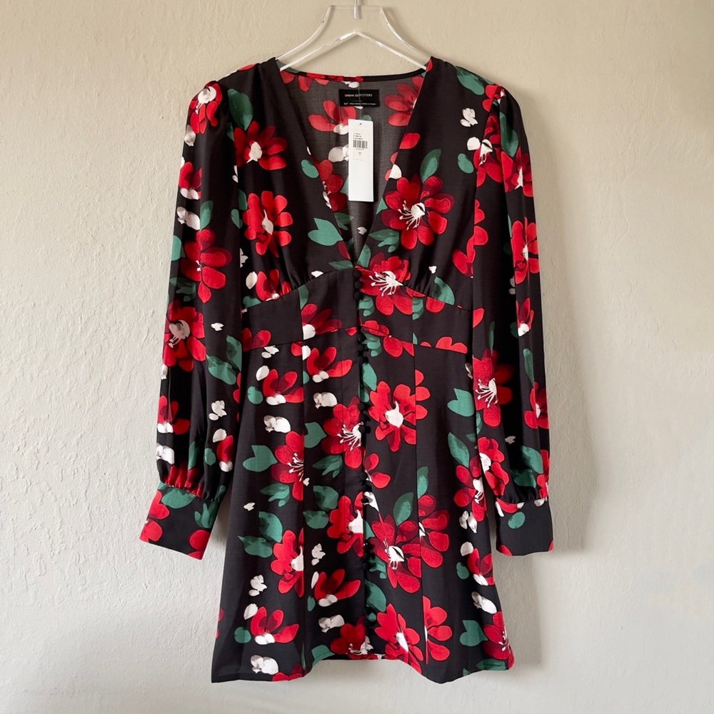 UO Michelle Plunging Long Sleeve Mini Dress